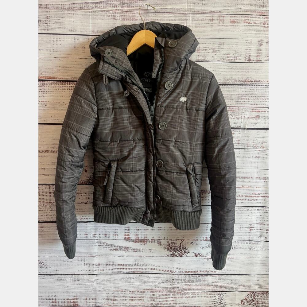 FOX Racing Girls Puffer Jacket 
Gray Plaid Coat Hoodie size XS